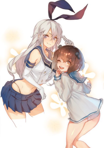 Anime picture 666x945 with kantai collection shimakaze destroyer yukikaze destroyer zuizi long hair tall image looking at viewer fringe short hair open mouth blue eyes light erotic simple background hair between eyes brown hair white background multiple girls brown eyes ass one eye closed