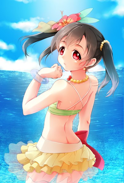 Anime picture 1181x1748 with love live! school idol project sunrise (studio) love live! yazawa nico ho-cki fuyu mikan single long hair tall image light erotic black hair red eyes twintails cloud (clouds) looking back hair flower girl hair ornament swimsuit bracelet