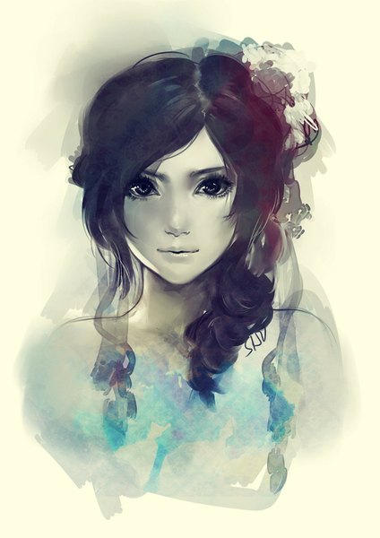Anime-Bild 1200x1698 mit original s1gh single long hair tall image looking at viewer black hair simple background smile bare shoulders grey eyes portrait face abstract girl