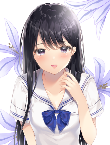 Anime picture 762x1000 with original noda shuha single long hair tall image looking at viewer blush fringe open mouth blue eyes black hair simple background smile white background upper body :d short sleeves girl uniform flower (flowers)