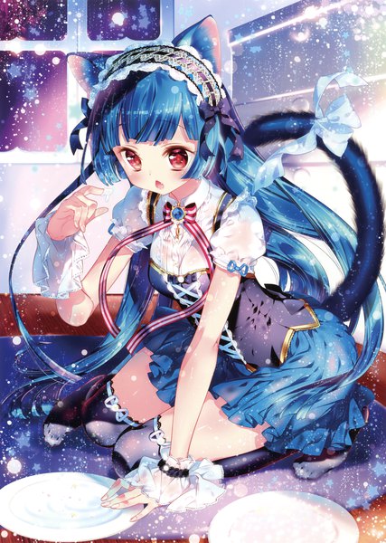 Anime picture 2494x3500 with original kamiya maneki single long hair tall image blush fringe highres open mouth red eyes animal ears payot blue hair tail blunt bangs animal tail cat ears scan cat girl cat tail