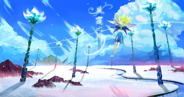 Anime picture 1200x634 with mugon wide image sky cloud (clouds) glowing landscape river fairy flower (flowers) water building (buildings)