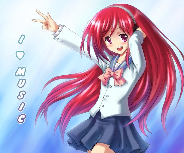 Anime picture 1200x1000 with original atomix single long hair looking at viewer simple background red hair pleated skirt pink eyes inscription victory girl skirt shirt serafuku headphones bowtie