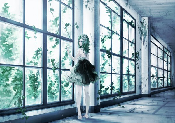Anime picture 1404x992 with vocaloid gumi ohagi (ymnky) single short hair blue eyes looking back barefoot hair flower green hair alternate costume back girl dress hair ornament plant (plants) window vines