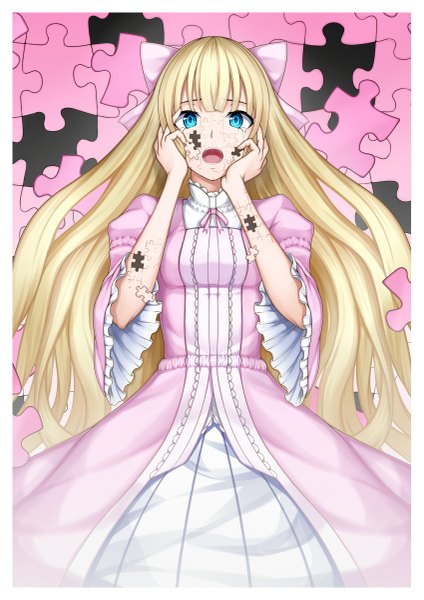 Anime picture 849x1200 with original heisei yutorin single long hair tall image open mouth blue eyes blonde hair girl dress bow hair bow puzzle