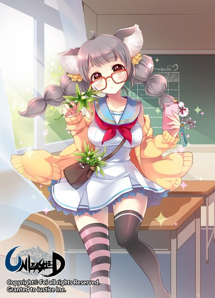 Anime picture 800x1108 with unleashed fei (pixiv) single long hair tall image looking at viewer twintails brown eyes animal ears grey hair girl thighhighs flower (flowers) black thighhighs glasses mobile phone desk