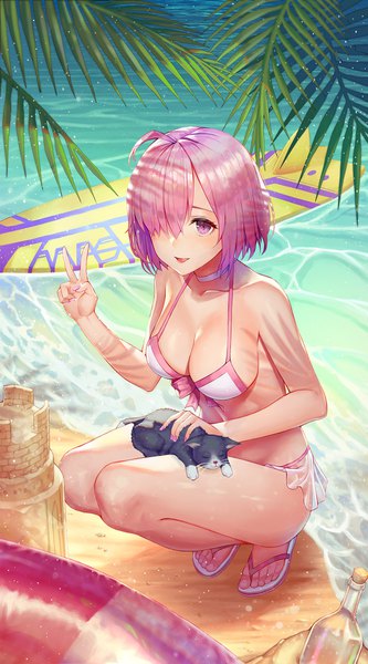 Anime picture 1200x2160 with fate (series) fate/grand order mash kyrielight mash kyrielight (swimsuit of perpetual summer) ttutto single tall image looking at viewer blush fringe short hair breasts open mouth light erotic purple eyes bare shoulders pink hair cleavage full body ahoge