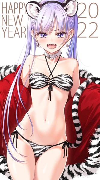 Anime picture 1110x2000 with new game! doga kobo suzukaze aoba tokunou shoutarou single long hair tall image looking at viewer blush fringe open mouth light erotic simple background white background purple eyes twintails animal ears purple hair tail :d