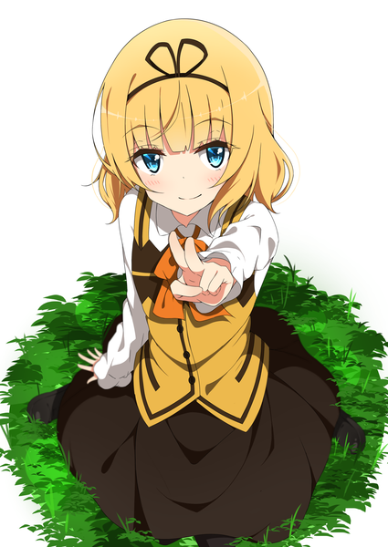 Anime picture 2508x3541 with gochuumon wa usagi desu ka? white fox kirima sharo mottsun (i 40y) single tall image looking at viewer blush highres short hair blue eyes blonde hair simple background smile white background sitting from above alternate costume wariza victory