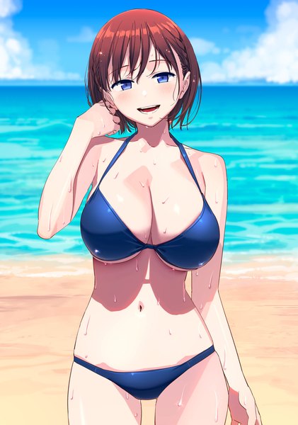 Anime picture 1124x1600 with getsuyoubi no tawawa pine jam ai-chan (tawawa) himura kiseki single tall image looking at viewer fringe short hair breasts open mouth blue eyes light erotic smile hair between eyes brown hair sky cloud (clouds) outdoors :d