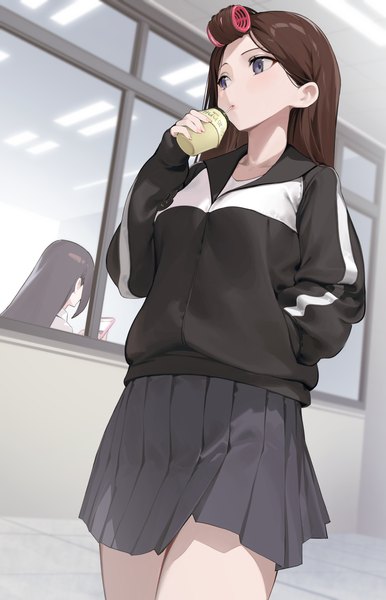 Anime picture 2256x3508 with original star741 long hair tall image fringe highres brown hair standing multiple girls holding looking away indoors long sleeves pleated skirt grey eyes hand in pocket drinking girl skirt 2 girls