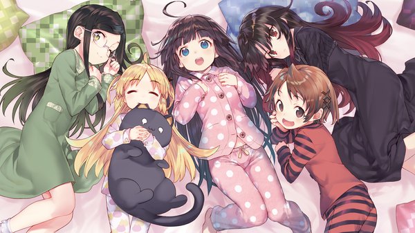 Anime-Bild 3646x2048 mit ryuuou no oshigoto! hinatsuru ai yashajin ai charlotte izoard sadatou ayano mizukoshi mio shirabi long hair highres short hair open mouth black hair blonde hair red eyes brown hair wide image multiple girls brown eyes green eyes absurdres