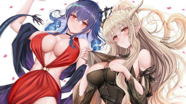 Anime picture 5000x2813 with arknights ch'en (arknights) shining (arknights) piukute062 long hair looking at viewer blush fringe highres breasts light erotic simple background blonde hair smile hair between eyes red eyes wide image large breasts white background bare shoulders