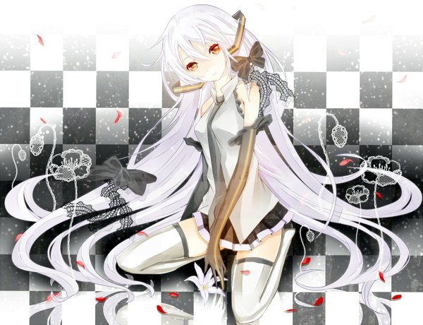 Anime picture 1500x1151 with vocaloid hatsune miku yuna (rutera) single long hair looking at viewer sitting twintails bare shoulders yellow eyes silver hair white hair very long hair pleated skirt orange eyes kneeling reflection checkered floor checkered background girl