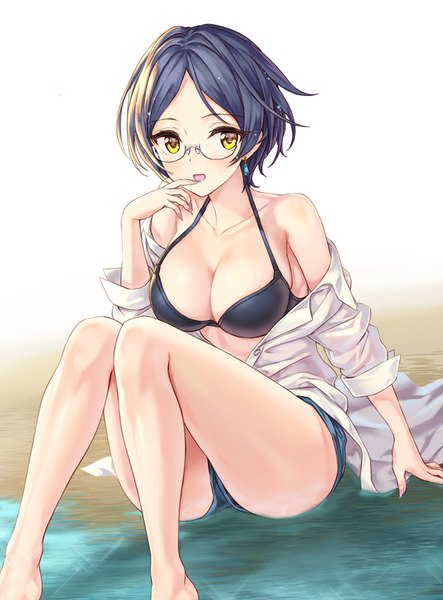 Anime picture 1108x1500 with idolmaster idolmaster cinderella girls hayami kanade hhama single tall image looking at viewer blush fringe short hair breasts open mouth light erotic simple background large breasts white background bare shoulders yellow eyes blue hair cleavage