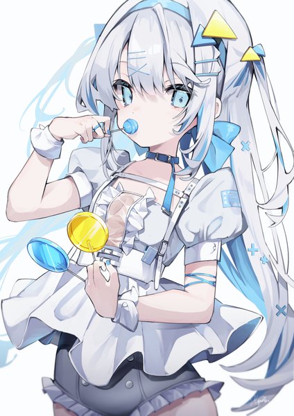 Anime picture 868x1228 with original koyubita single long hair tall image looking at viewer fringe blue eyes simple background hair between eyes standing white background holding signed silver hair multicolored hair arm up fingernails two-tone hair two side up