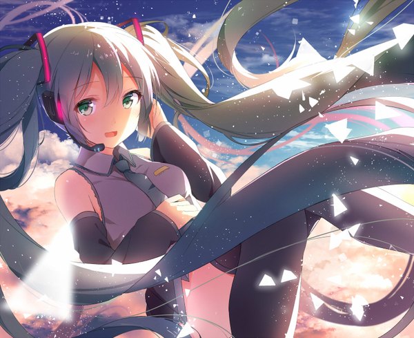Anime picture 1500x1224 with vocaloid hatsune miku alexmaster single looking at viewer blush twintails green eyes sky cloud (clouds) very long hair aqua hair sparkle girl skirt detached sleeves miniskirt necktie headphones thigh boots