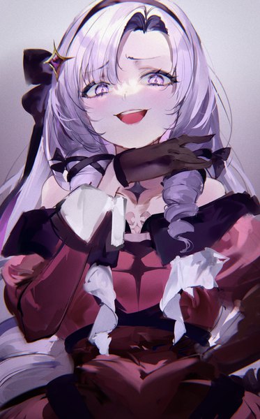 Anime picture 1829x2946 with virtual youtuber nijisanji hyakumantenbara salome hyakumantenbara salome (1st costume) mile (off8mile) single long hair tall image looking at viewer highres open mouth purple eyes purple hair upper body :d drill hair girl dress gloves black gloves