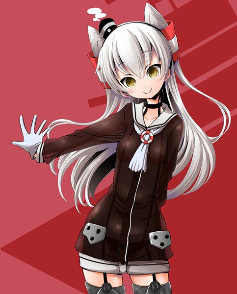 Anime picture 965x1197 with kantai collection amatsukaze destroyer mana12 single long hair tall image looking at viewer blush light erotic simple background smile yellow eyes silver hair two side up girl gloves hat garter straps hair tubes mini hat