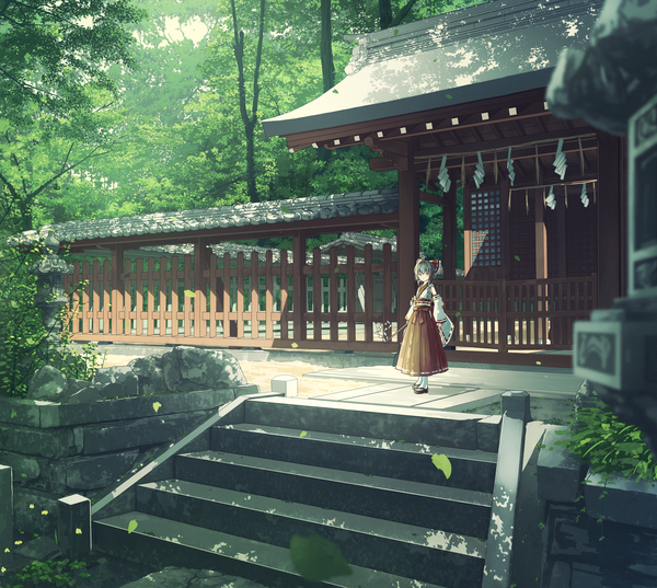 Anime picture 1637x1466 with touhou hakurei reimu koyuki ekaki single looking at viewer short hair black hair red eyes standing payot outdoors traditional clothes japanese clothes pleated skirt scenic summer girl skirt bow plant (plants)
