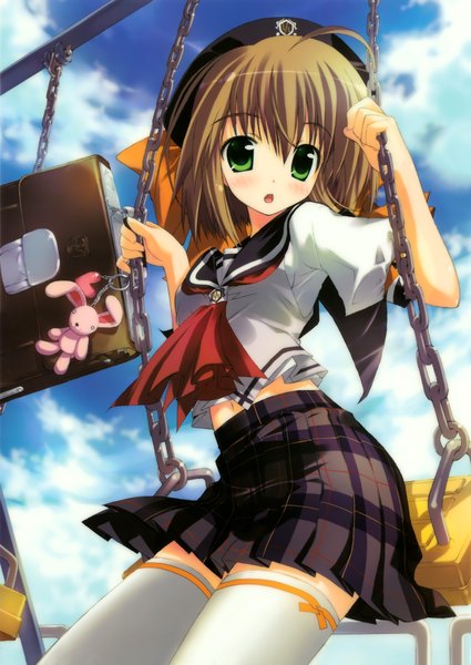 Anime picture 3024x4265 with fujima takuya single tall image highres short hair open mouth brown hair green eyes absurdres ahoge girl thighhighs white thighhighs serafuku bag bunny swing