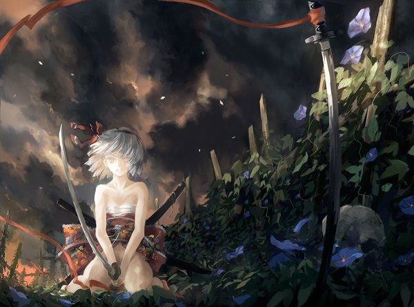 Anime picture 1000x743 with touhou konpaku youmu archlich short hair light erotic bare shoulders sky silver hair japanese clothes kneeling bottomless girl flower (flowers) ribbon (ribbons) weapon sword hairband katana obi skull