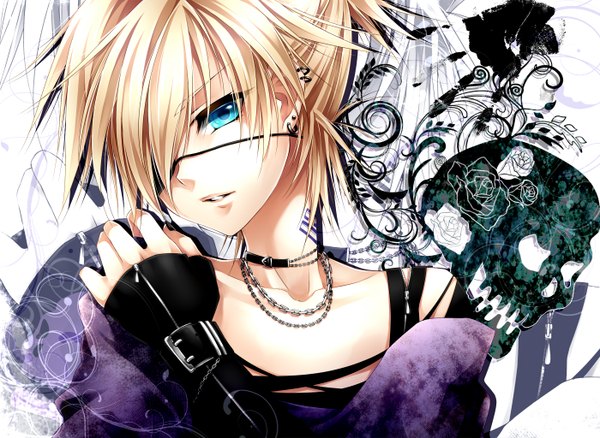 Anime-Bild 1400x1024 mit vocaloid kagamine len ueno tsuki single looking at viewer fringe highres short hair blue eyes blonde hair white background parted lips hair over one eye tattoo floral print girl gloves earrings fingerless gloves eyepatch