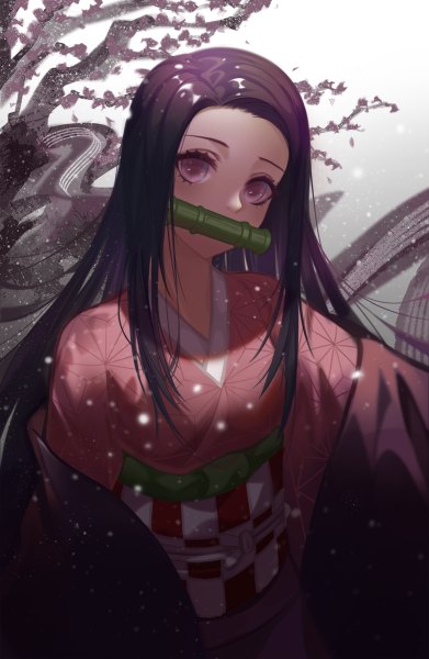 Anime picture 782x1200 with kimetsu no yaiba ufotable kamado nezuko tomsix single long hair tall image looking at viewer black hair simple background standing holding traditional clothes head tilt japanese clothes pink eyes mouth hold girl kimono obi