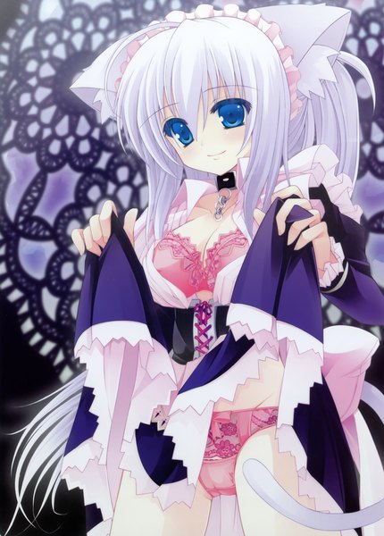 Anime picture 2306x3216 with kannon ouji tall image highres short hair blue eyes light erotic hair between eyes animal ears white hair animal tail cat ears cat tail dress lift girl underwear panties