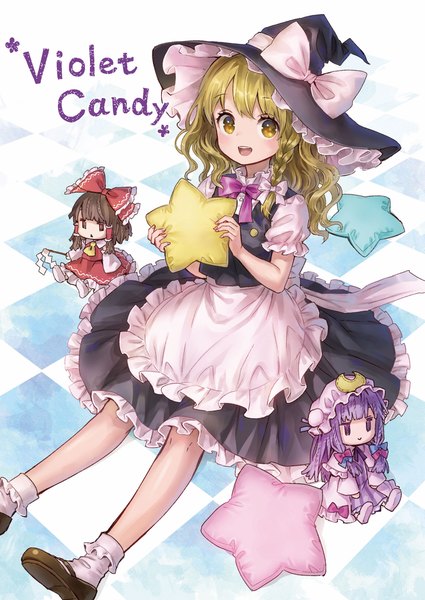 Anime picture 1756x2479 with touhou hakurei reimu kirisame marisa patchouli knowledge ama-tou single long hair tall image looking at viewer highres open mouth blonde hair smile sitting braid (braids) short sleeves puffy sleeves wavy hair side braid checkered floor