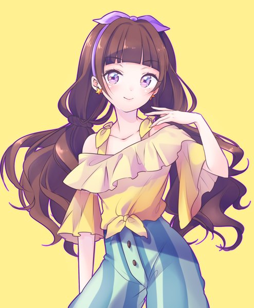 Anime picture 1730x2100 with precure go! princess precure toei animation amanogawa kirara shiguri single long hair tall image looking at viewer blush fringe highres simple background smile brown hair purple eyes twintails bare shoulders yellow background girl