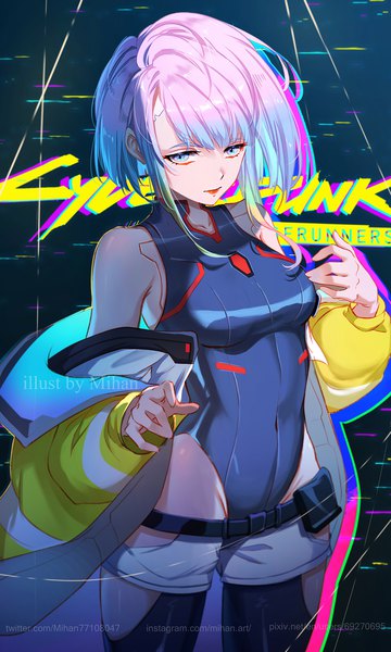Anime picture 1000x1667 with cyberpunk edgerunners studio trigger lucy (cyberpunk) mihan77108047 single tall image fringe short hair light erotic standing silver hair blunt bangs off shoulder open jacket copyright name covered navel silver eyes girl jacket shorts