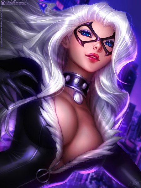 Anime picture 864x1152 with marvel comics spider-man (series) black cat (felicia hardy) michelle hoefener single long hair tall image looking at viewer breasts blue eyes light erotic large breasts signed cleavage silver hair upper body parted lips lips realistic fur trim