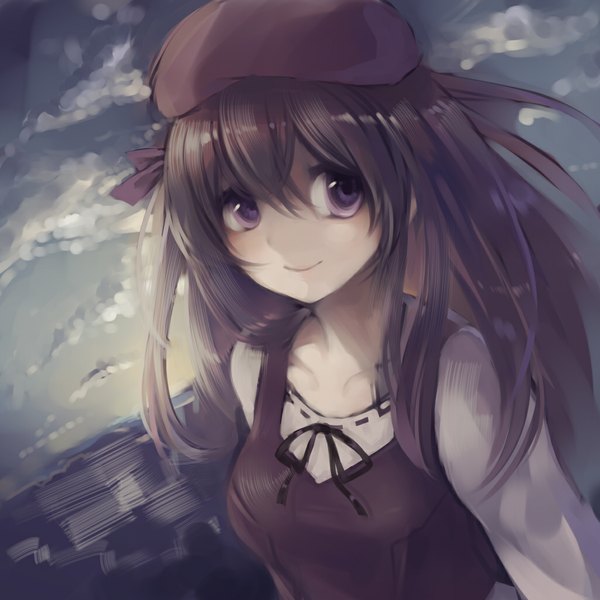 Anime picture 1024x1024 with sola shihou matsuri tsuburaya 35 single long hair looking at viewer black hair smile purple eyes cloud (clouds) from above girl dress beret