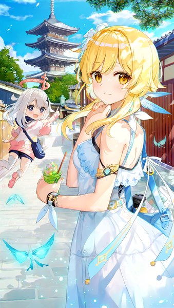 Anime picture 760x1347 with genshin impact lumine (genshin impact) paimon (genshin impact) crystalfly (genshin impact) fuumi (radial engine) long hair tall image looking at viewer blush fringe breasts open mouth blue eyes blonde hair smile standing multiple girls yellow eyes sky silver hair