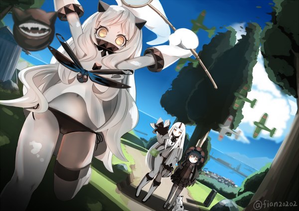 Anime picture 1274x900 with kantai collection northern ocean hime seaport hime isolated island hime nasubi (fian0202) long hair looking at viewer fringe light erotic black hair red eyes bare shoulders multiple girls sky cloud (clouds) white hair horn (horns) arms up outstretched arm spread arms