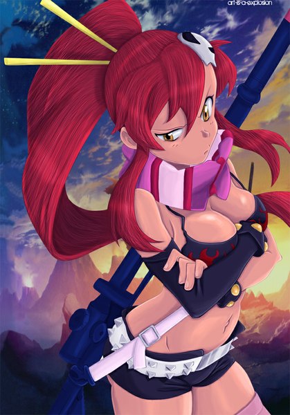 Anime picture 698x1000 with tengen toppa gurren lagann gainax yoko littner art-is-a-explosion single long hair tall image breasts light erotic yellow eyes sky cloud (clouds) red hair sunlight midriff coloring evening sunset crossed arms mountain