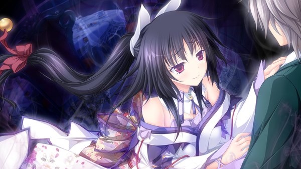 Anime picture 1280x720 with hapymaher purple software hatsuno saki tsukimori hiro long hair short hair black hair red eyes wide image bare shoulders game cg ponytail grey hair couple girl dress boy bow hair bow