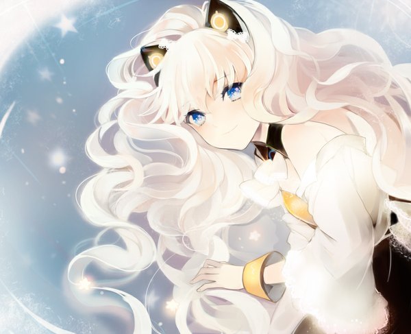 Anime picture 900x731 with vocaloid seeu lpip single long hair looking at viewer blush fringe blue eyes smile bare shoulders animal ears white hair lying cat ears wavy hair girl wrist cuffs