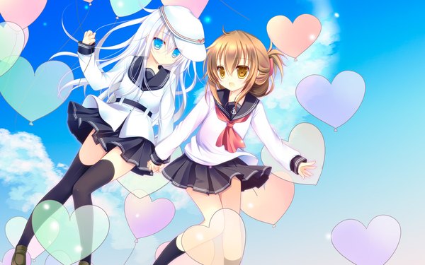 Anime picture 1920x1200 with kantai collection hibiki destroyer inazuma destroyer shirogane hina long hair highres short hair open mouth blue eyes brown hair multiple girls yellow eyes white hair holding hands shoujo ai girl thighhighs black thighhighs 2 girls socks