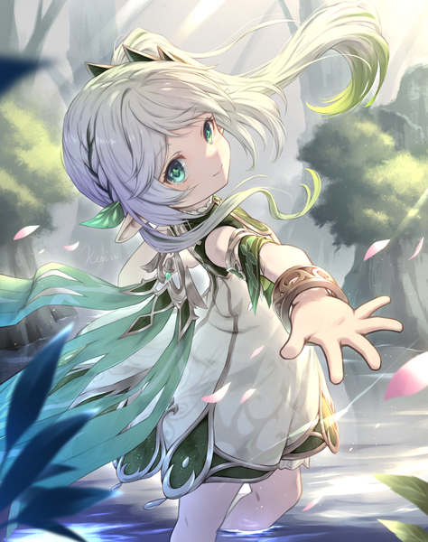 Anime picture 1580x2000 with genshin impact nahida (genshin impact) khell single long hair tall image green eyes silver hair partially submerged side ponytail outstretched hand river girl dress petals bracelet