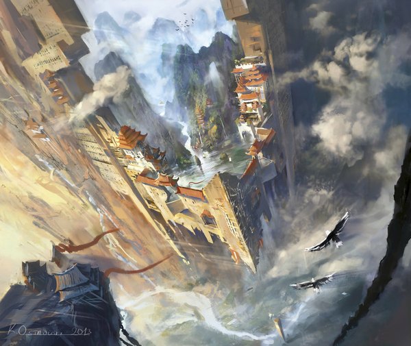 Anime picture 900x758 with original najtkriss (artist) signed cloud (clouds) from above wind mountain flying no people river fog animal water bird (birds) building (buildings) roof