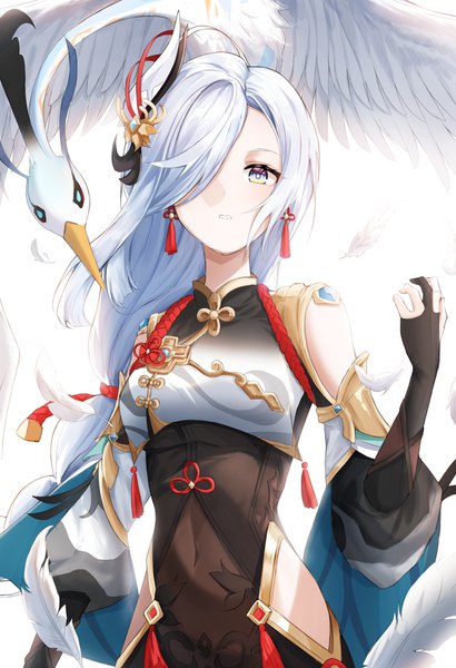 Anime picture 2557x3744 with genshin impact shenhe (genshin impact) cloud retainer (genshin impact) dawon single long hair tall image looking at viewer blush fringe highres breasts blue eyes standing silver hair ahoge braid (braids) parted lips hair over one eye single braid