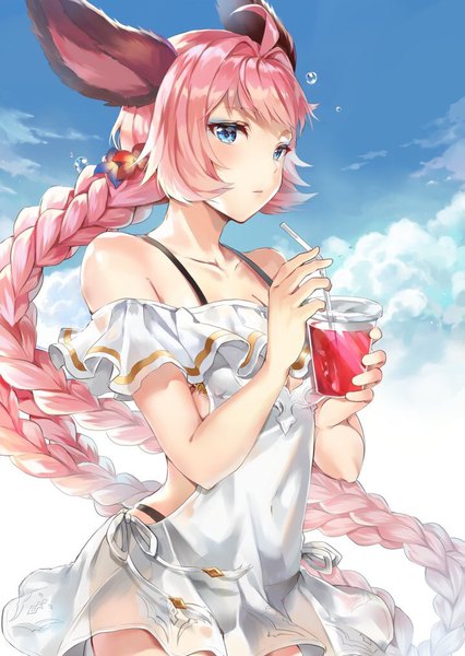 Anime picture 720x1014 with granblue fantasy tien (granblue fantasy) hinahino single tall image looking at viewer blush fringe breasts blue eyes light erotic standing bare shoulders holding animal ears pink hair sky cloud (clouds) ahoge outdoors