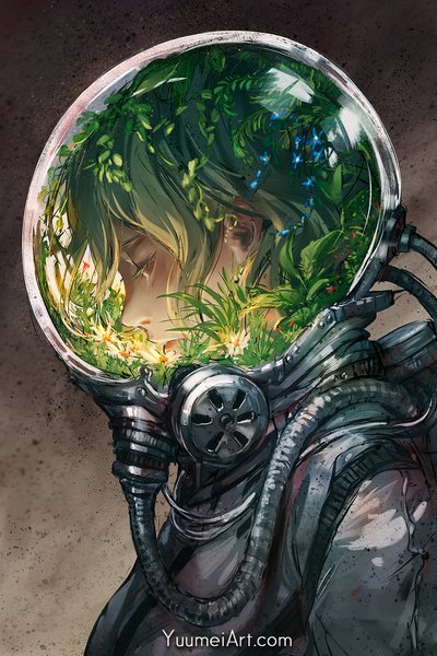 Anime picture 1080x1620 with original yuumei single tall image fringe short hair signed upper body eyes closed profile green hair portrait androgynous surreal flower (flowers) plant (plants) helmet diving helmet