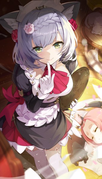 Anime picture 1000x1750 with genshin impact noelle (genshin impact) diona (genshin impact) goomrrat tall image short hair smile multiple girls green eyes animal ears pink hair silver hair eyes closed from above cat ears maid finger to mouth sleeping kemonomimi mode nekomimi mode