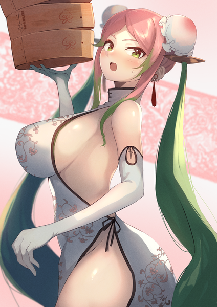 Anime picture 2894x4093 with original ohako (ohako1818) single tall image looking at viewer blush fringe highres breasts open mouth light erotic simple background standing holding pink hair very long hair traditional clothes multicolored hair arm up green hair