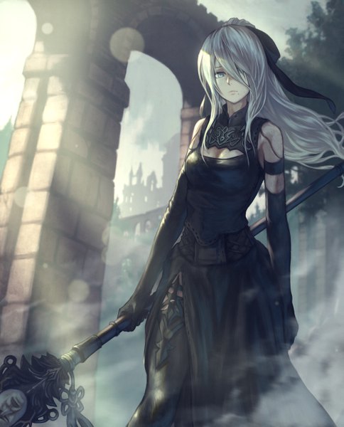 Anime picture 4116x5098 with nier nier:automata yorha type a no. 2 yasu (segawahiroyasu) single long hair tall image looking at viewer fringe highres breasts blue eyes standing bare shoulders holding absurdres cleavage silver hair outdoors ponytail