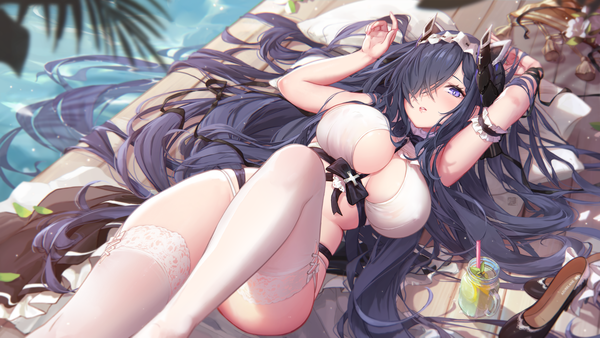 Anime picture 7908x4449 with azur lane august von parseval (azur lane) august von parseval (the conquered unhulde) (azur lane) mitsu (mitsu art) single looking at viewer blush fringe highres breasts light erotic wide image large breasts purple eyes blue hair absurdres cleavage bent knee (knees) lying very long hair