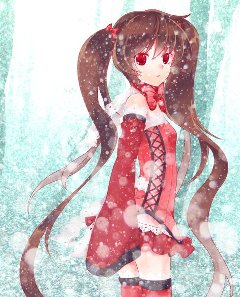 Anime picture 2027x2500 with original sakon04 (sakonlieur) single tall image looking at viewer highres red eyes brown hair twintails very long hair snowing winter snow convenient censoring girl bow hair bow detached sleeves miniskirt bowtie